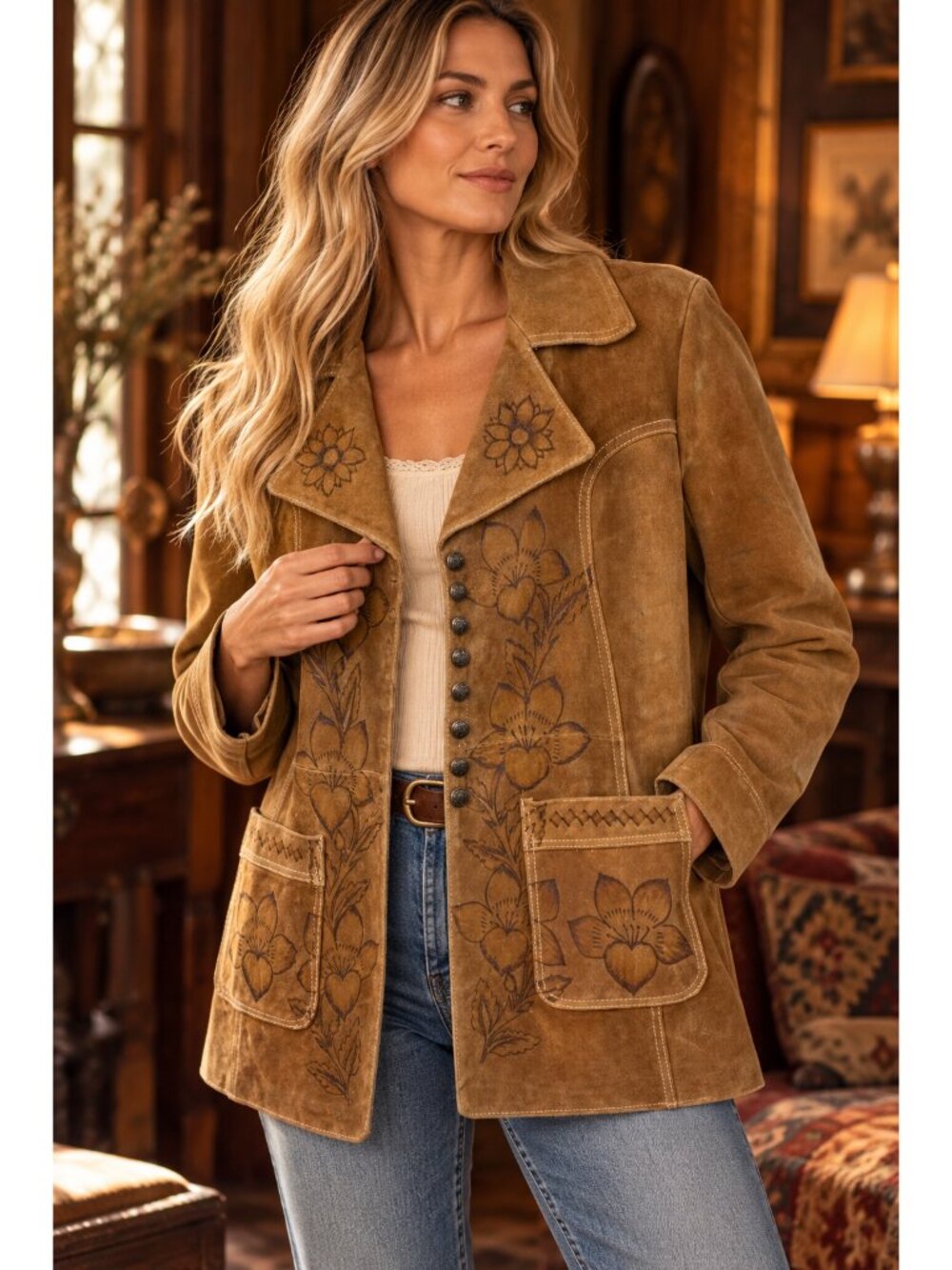 Vintage 70s Suede Leather Jacket Womens Floral Western Hippie Boho Cognac